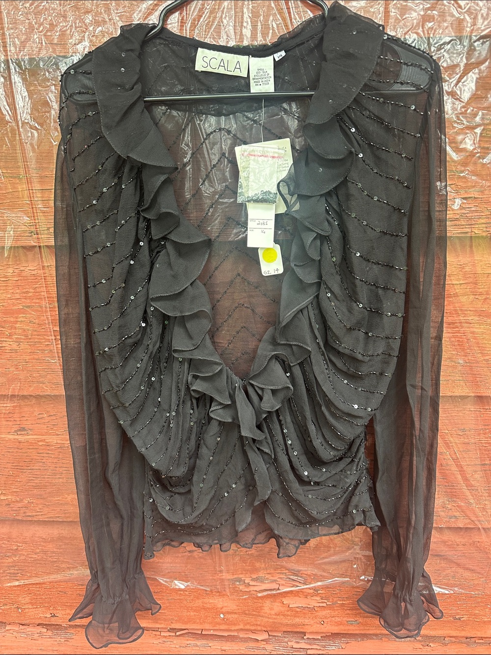 Scala Black Sheer Ruffled Sequin Blouse